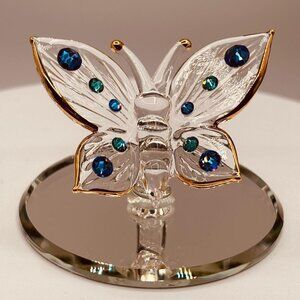 Butterfly with Blue Crystals Glass Figurine on Mirror Gold Trim Decor Gift